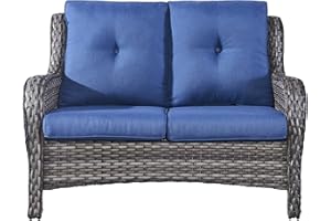 Rilyson Outdoor Loveseat Wicker Patio Sofa - 2-Seat Rattan Outdoor Couch Patio Furniture with Deep Seating and Cushions for Porch Deck Balcony(Mixed Grey/Blue)