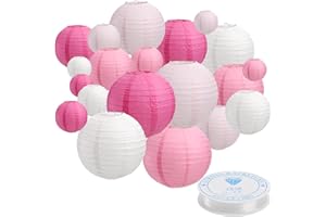 Tosnail Set of 20 Pieces Pink and White Paper Lanterns with 43 Yards Crystal Strings, Chinese Lanterns, Pink Party Decoration