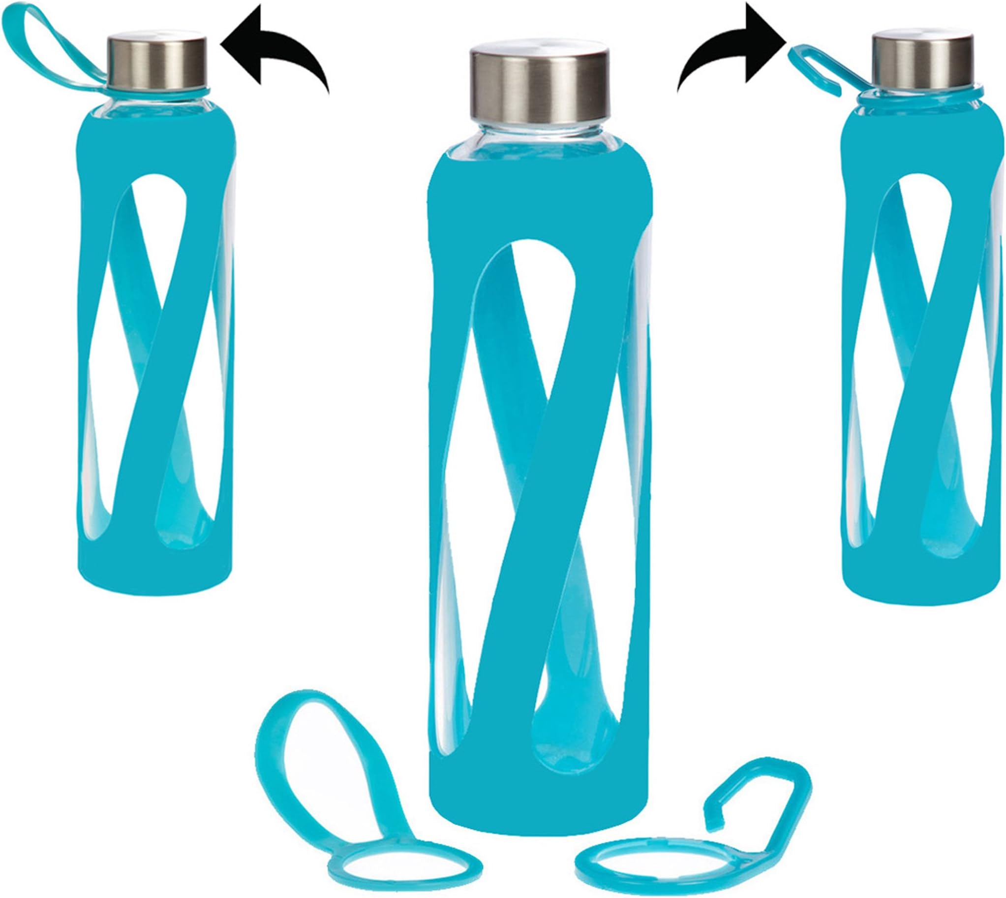 1, 2, 3, 4- PACKS - 20 oz Leak Proof, Reusable Pure Borosilicate Tempered Glass Water Bottle, Non-Slip Silicone Sleeve, 2 Attachments: Loop and Hook, Free of BPA, BPS, BPF, PVC, Phthalates