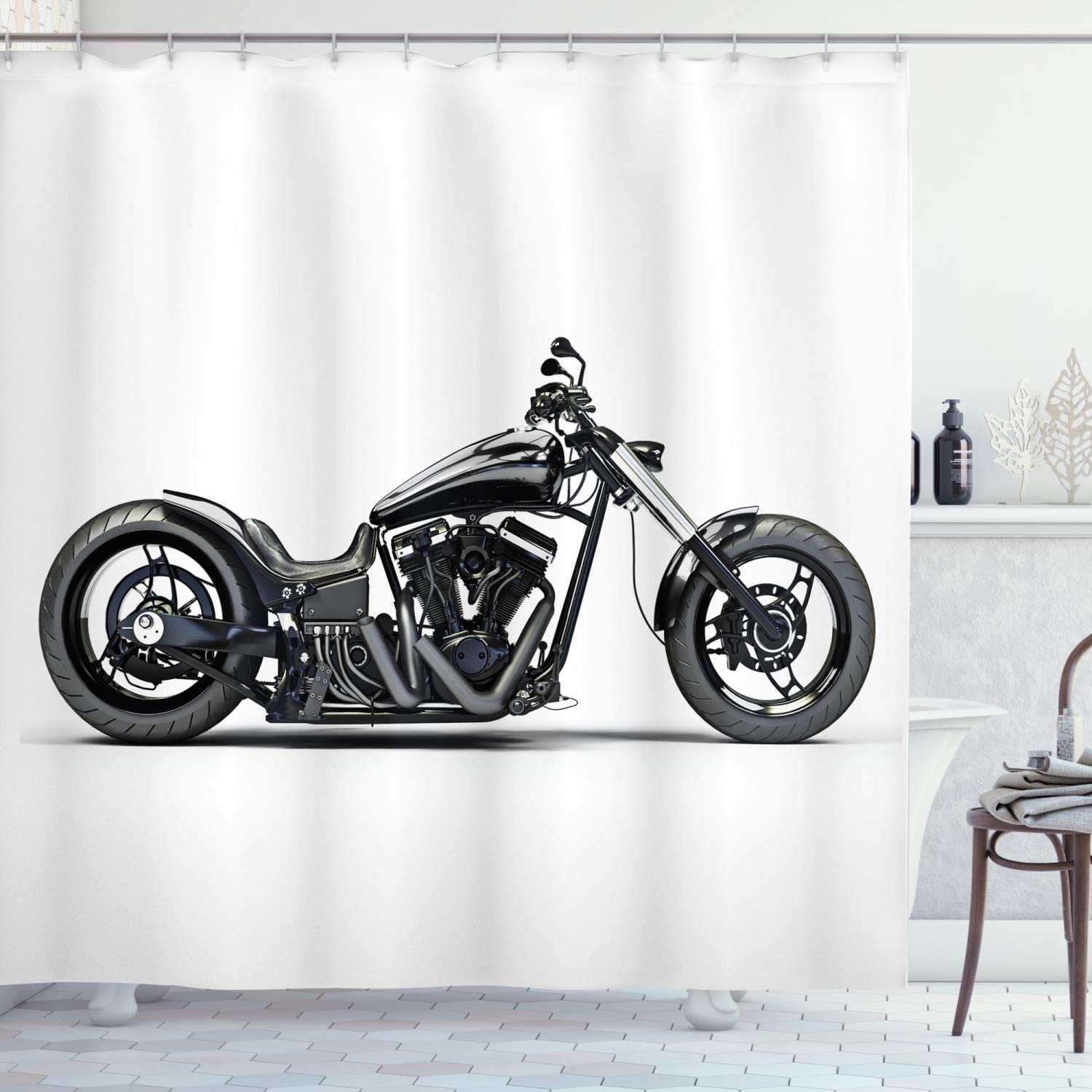 ABAKUHAUS Manly Shower Curtain, Custom Motorcycle Horsepower Adventurous Journey Freedom Ride Masculine Vehicle, Cloth Fabric Bathroom Decor Set with Hooks, 175 x 240 cm, Grey Black White — image 1