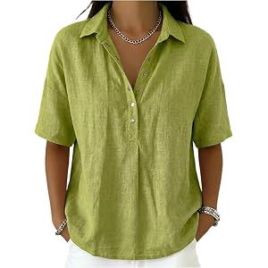 Womens Linen Cotton Button Down Shirts Summer Short Sleeve Henley Tops Gauze Collared Dressy Casual Blouses