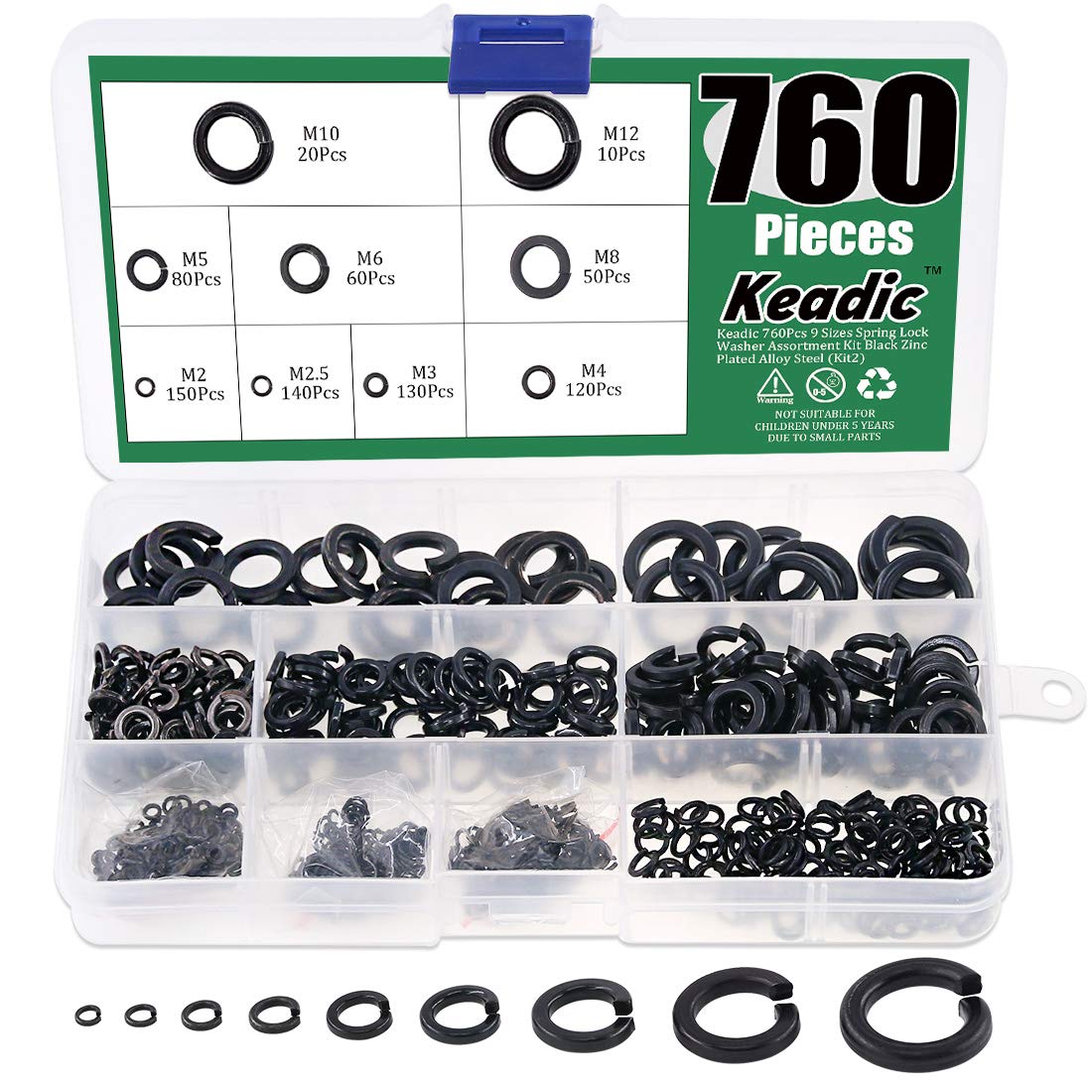 Keadic 760Pcs Spring Lock Washer Assortment Kit Black Zinc Plated Alloy Steel, 9 Sizes - M2 M2.5 M3 M4 M5 M6 M8 M10 M12（Kit 10）