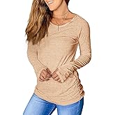 PiePieBuy Women's Thumb Hole T-Shirt Long Sleeve Crew Neck Plain Shirts Casual Ruched Tee Tops