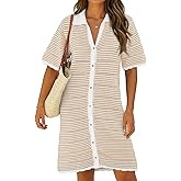 Fisoew Womens Striped Swimsuit Coverup Crochet Hollow Out Summer Button Down Short Sleeve Beach Vacation Mini Dress