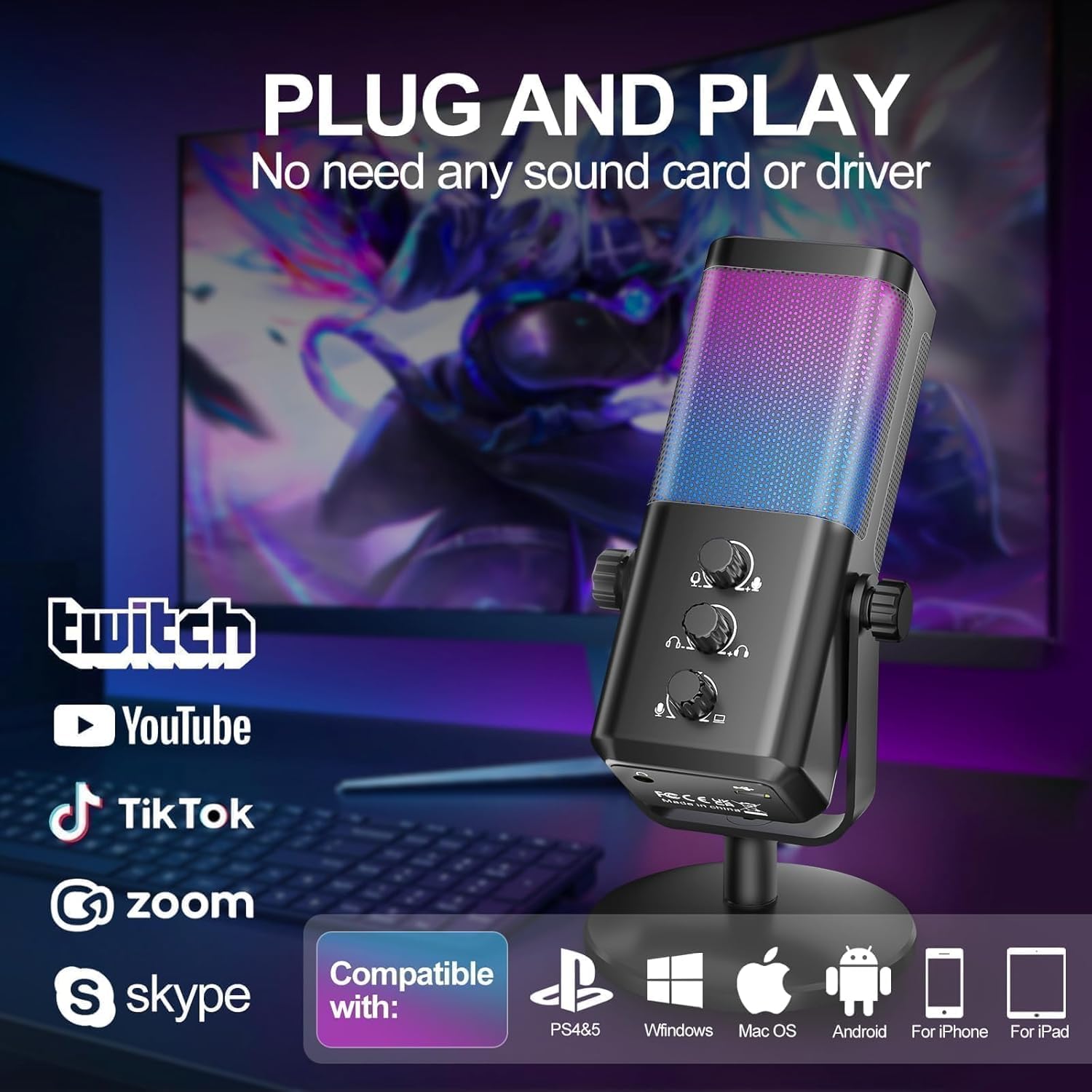 socodox Gaming Mikrofon USB Kondensator Mikrofon mit Game Chat Balance/Noise Cancelling, Microphone für PC Handy PS4 PS5 Mac für Streaming Podcast Studio Aufnahmen ASMR mit RGB/Stumm/Gain/Monitoring 2