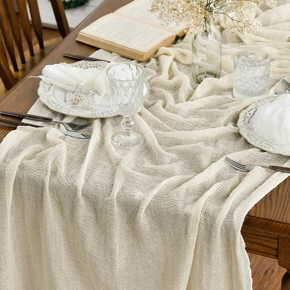 Artoid Mode Boho Beige Gauze Wedding Cheesecloth 300 cm Table Runner, Seasonal Fabric Kitchen Dining Holiday Table Decor for Home Party Indoor