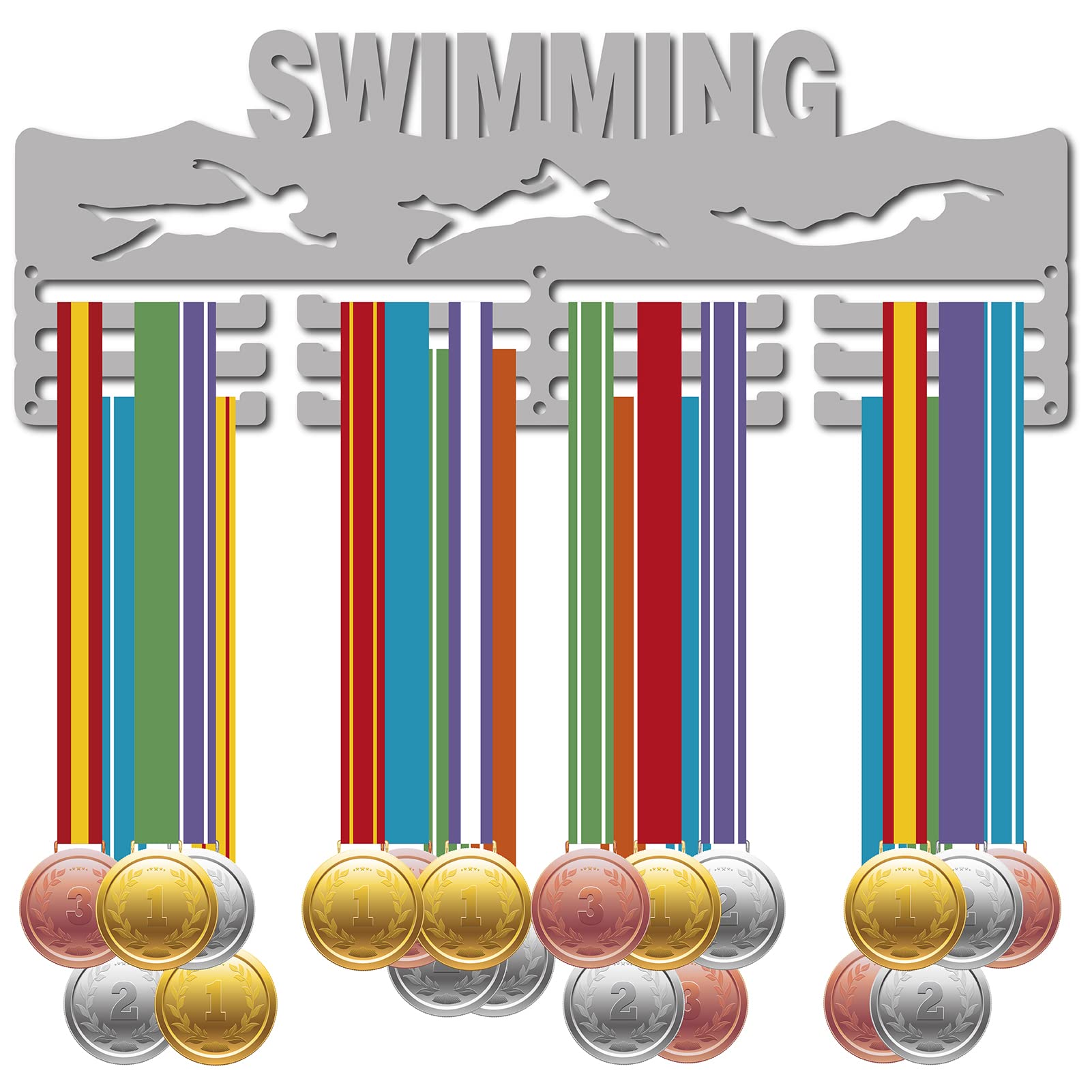 CREATCABIN Swimming Medal Holder Swimmer Sport Medals Hanger Athlete Awards Display Stand Wall Rack Mount Decor Silver Metal Hanging for Home Badge Medalist Over 60 Medals 15.7 x 5.9 Inch
