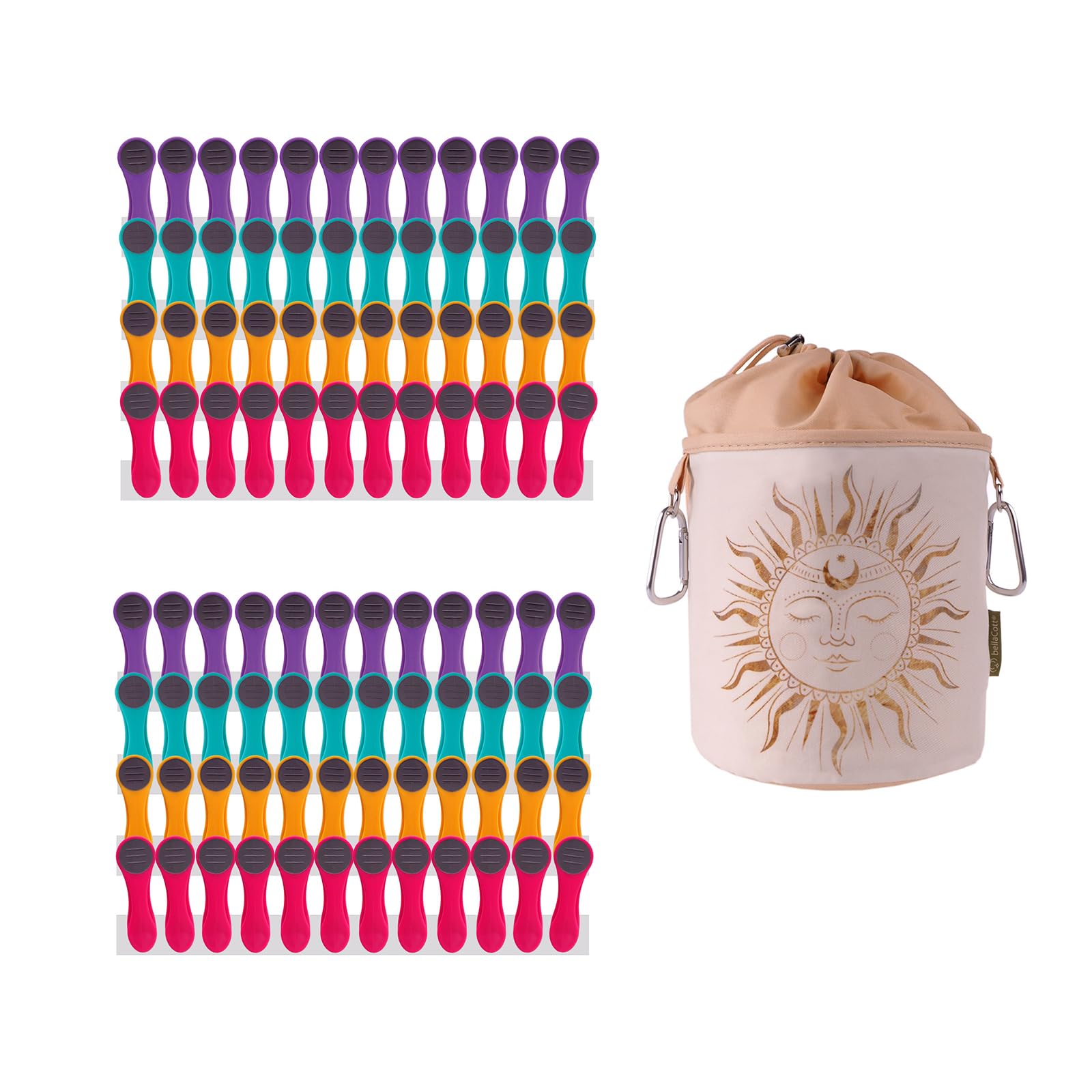 96 Clothes Pegs with Soft Grip and 1 Clothes Peg Bag - 24 x Purple, 24 x Turquoise, 24 x Yellow, 24 x Pink, 1 x Yellow Bag