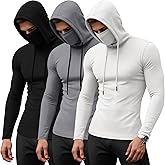 August Alley 3 Pack Men's Sports Hoodies with Mask Compression Long Sleeve Thermal Shirts Base Layer Tees Running Pullover