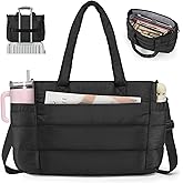 RAINSMORE Tote Bag for Women with Cup Holder, Puffer Work Bag, 15.6 inch Quilted Laptop Handbag for Work, Travel, Teacher
