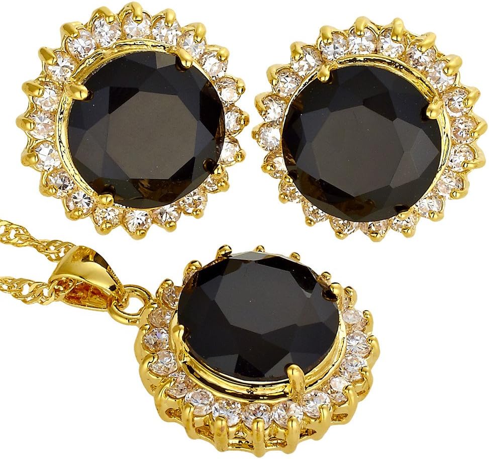 [RIZILIA BLOSSOM] Jewelry Set Pendant with 18" Chain & Stud Earrings Round Cut CZ [5 Colours available] in Yellow Gold Plated, Simple Modern Elegant