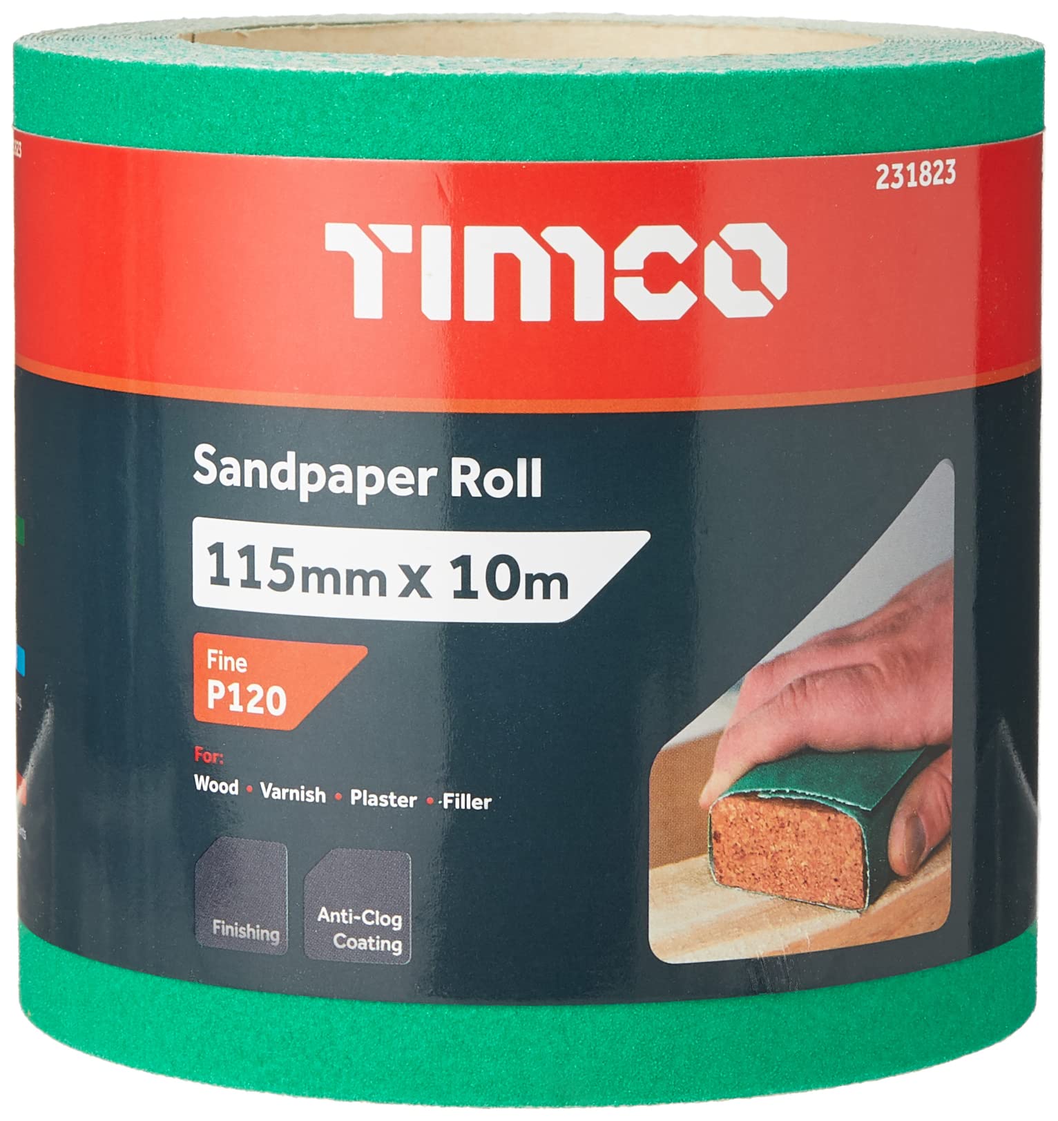 TIMCO Sandpaper Roll - 120 Grit - Green - 115mm x 10m - 1 Roll - Ideal for hand and powertool sanding