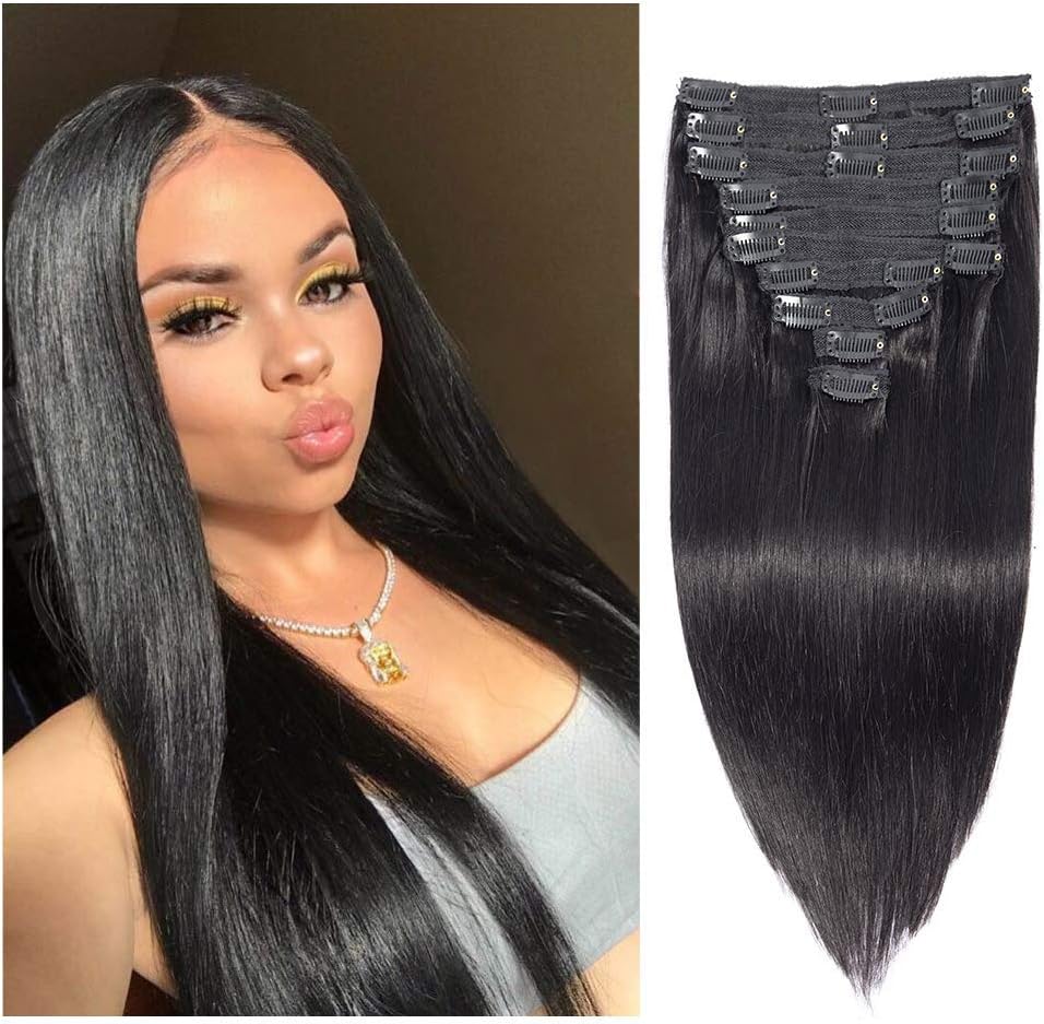 Apeasex Brazilian Virgin Human Hair Grade 8A Straight Clip In Hair Extensions for Black Women 120g 10Pcs/set for Full Head Thick Double Weft 1B Natural Black(16 inch, Straight)