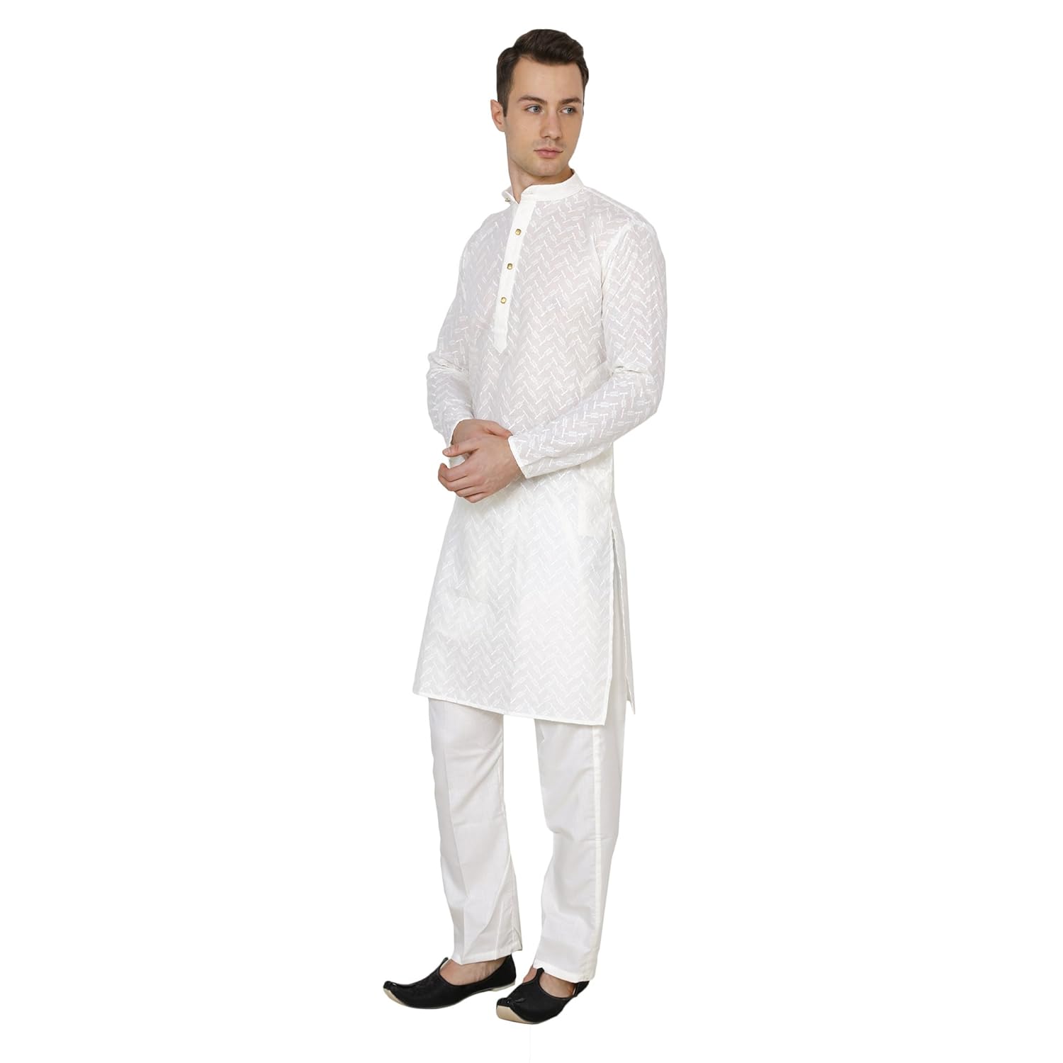 royal men's lucknowi chikan embroidered 100% cotton comfortable kurta churidar pyjama set