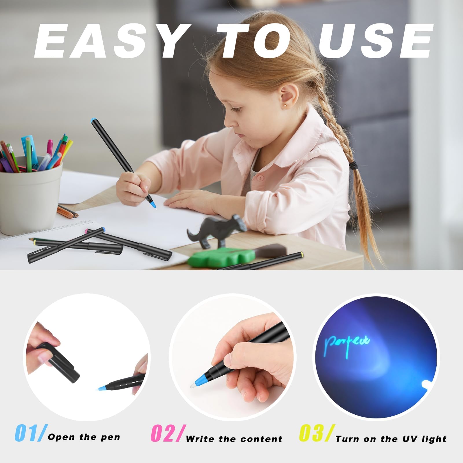 Invisible Ink Pen, Spy Pen with 3 PCS Mini UV LED Keychain Flashlight, Disappearing Ink Magic Pens with Black Light Markers for Secret Notes, Fit for Christmas Halloween Holiday Gifts (3 PCS)
