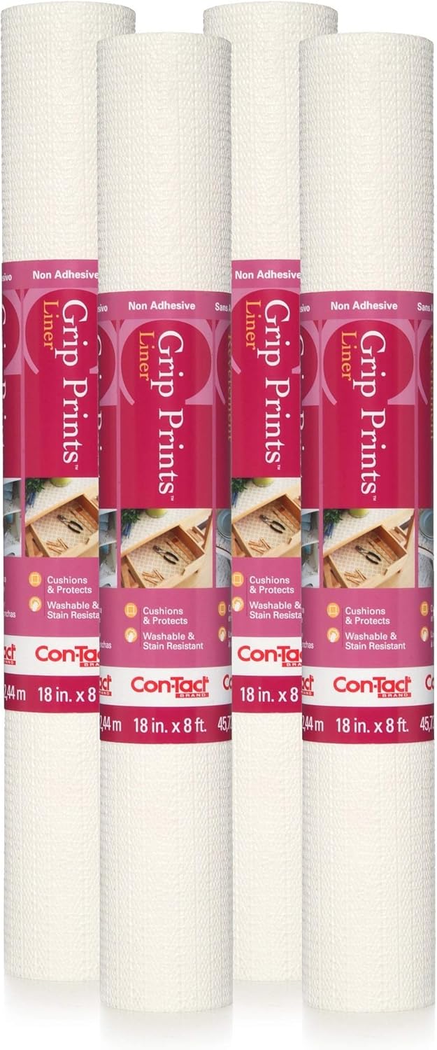 Con-Tact Brand Grip Prints Non-Adhesive Contact Shelf and Drawer Liner, White, 18'' x 8', 4 Rolls