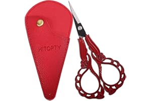 HITOPTY Sewing Embroidery Scissors with Cover, Sharp Threading Scissors for Needlework Craft Yarn Art Paper Detail Cutting, Straight Tip Little Snips Red Vintage