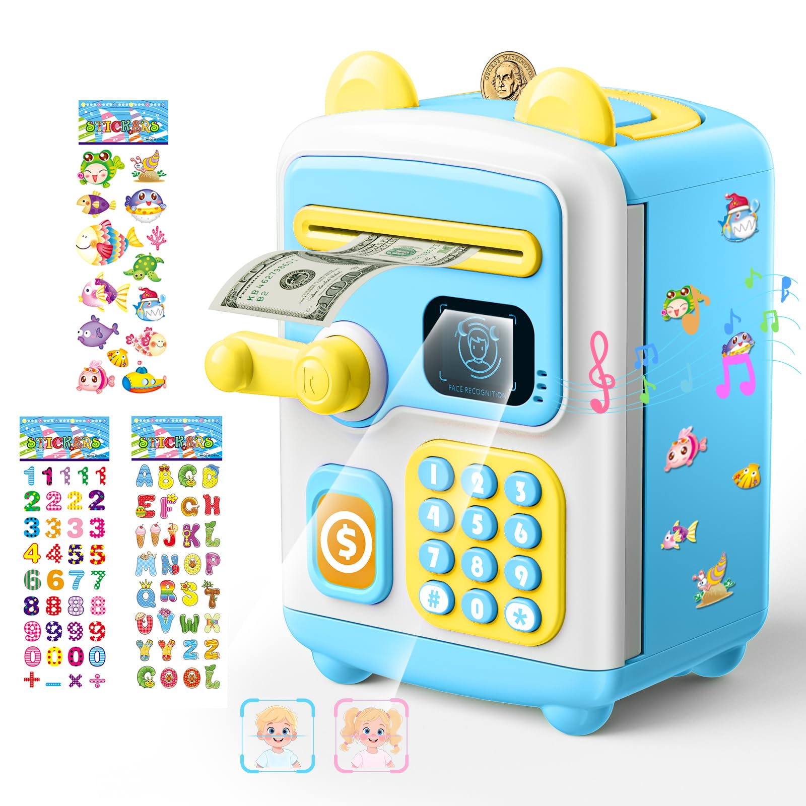 Photo 1 of ?Upgraded? Piggy Bank, Face ID Password Unlocking Electronic Kids Bank ATM Security Unlocking Cash Coin Bank Toys Gifts for Kids, Coin Bank for 3 4 5 6 7 8 9 10 11 12 Year Old Boys Girls Blue