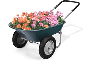 ERGOMASTER Dual-Wheel Wheelbarrow, Home Utility Garden Cart, 330 LBS Capacity, Large Heavy Duty Yard Cart for Gardening & Planting, Lawn, Farm, Construction Site, Green