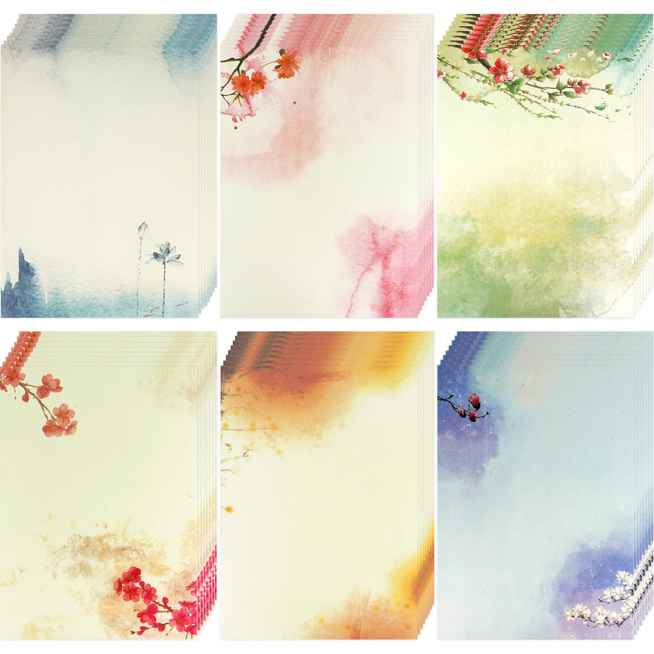 SOOKOO 48 Pcs Assorted Color Writing Stationery Paper, Letter Writing Paper Letter Sets (6 Pattern, 8 pcs per Pattern) (Style 01)