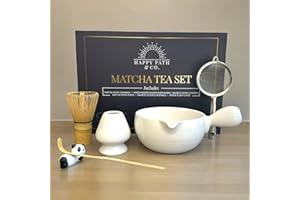 HAPPY PATH & CO. HAPPY PATH & CO – 6 Pcs Matcha Whisk Set Includes Matcha Whisk(Chasen), & Bowl with Spout Handle, 120 Prong Bamboo Whisk, Matcha Scoop, Sifter & Panda Scoop holder | White Matcha Kit