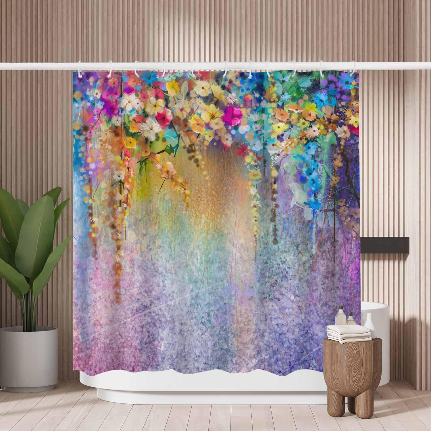 Woutay Shower Curtain Mould Proof Resistant Colorful Flower Art,Water Repellant Fabric,Polyester,with 12 Plastic Hooks