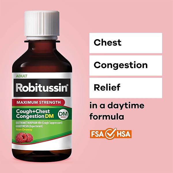 ROBITUSSIN ADULT MAXIMUM STRENGTH COUGH + CHEST CONGESTION DM MAX (8 FL. OZ. BOTTLE), COUGH SUPPRESSANT & EXPECTORANT, RASPBERRY FLAVOR
