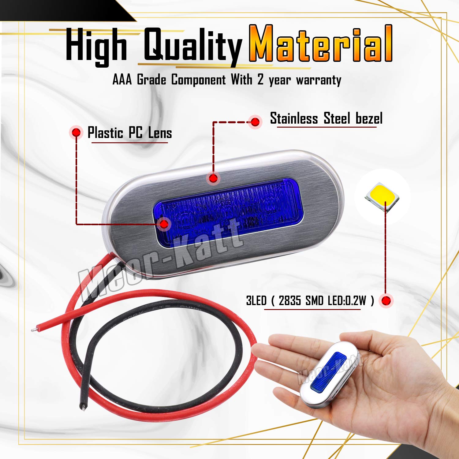 Meerkatt (Pack of 10) 3 Inch Oblong Amber LED Marine Courtesy Light Sealed Flush Mount Clearance Lamp for Yacht Stair Deck Garden Boat RV Cabin Truck Waterproof 12V DC with Chrome Stainless Bezel UV12