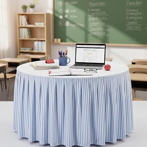 Frienda 14ft Blue and White Striped Table Skirt for Teacher Desk Coastal Wrinkle Table Skirt Kidney Shaped Desk Skirts for Ki