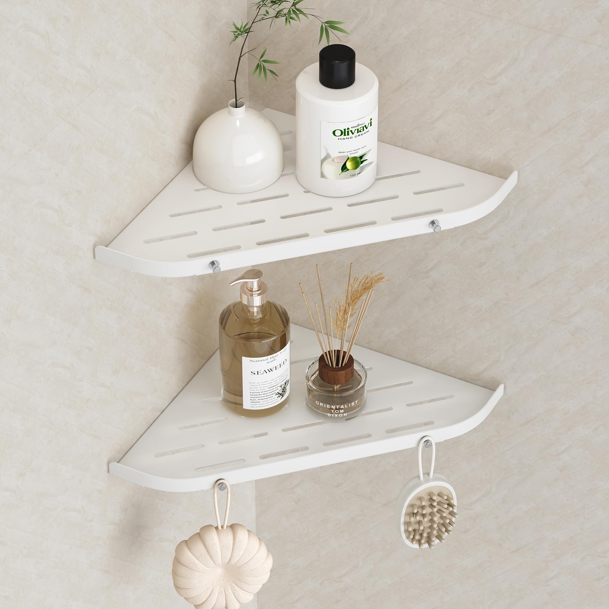 Neodrain Shower Corner Shelf SUS304 Stainless Steel Shower Organiser No Drilling White Shower Caddy with Hooks Shower Storage for Bathroom, Kitchen, 2 Pack