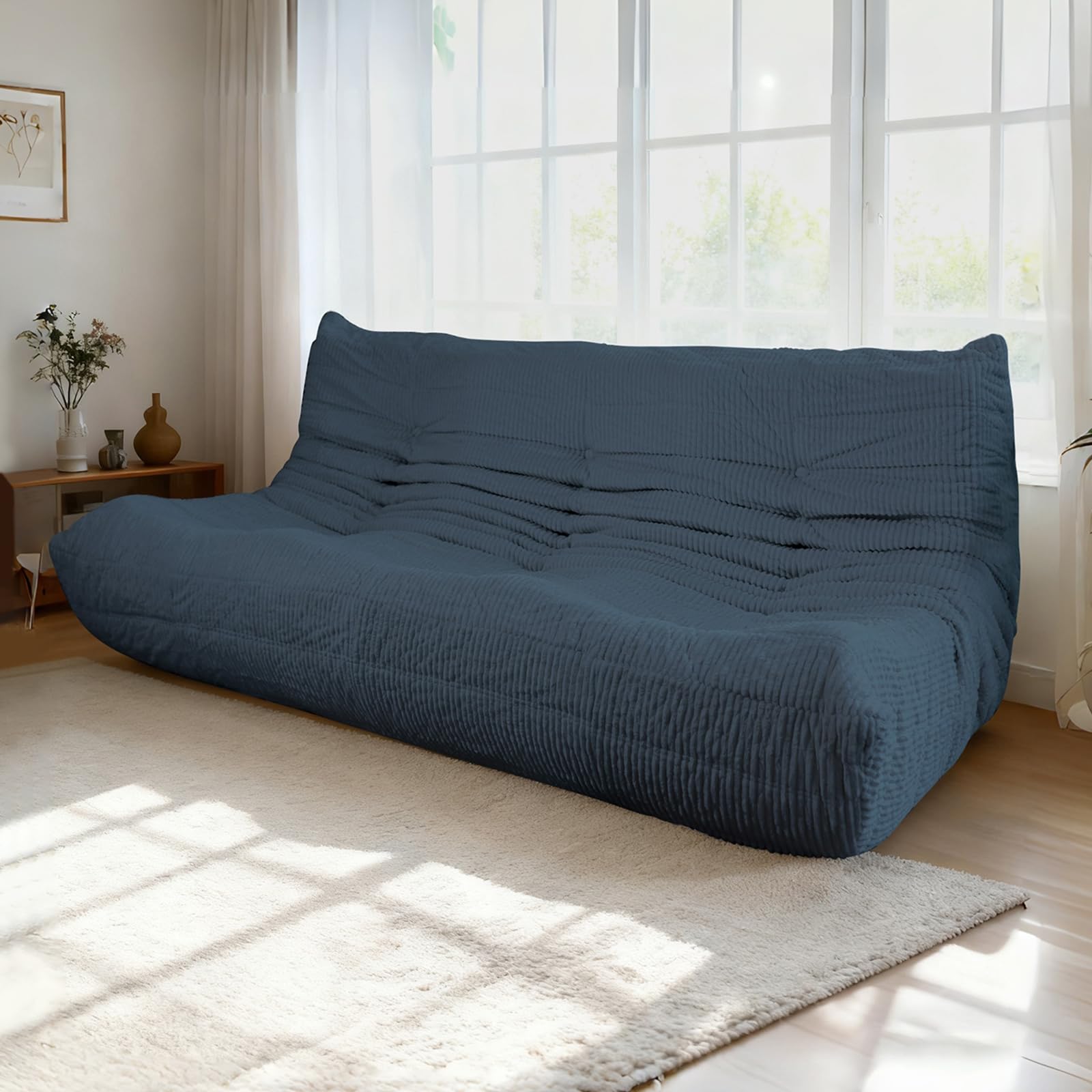 Photo 1 of ***DIRTY FROM TRANSPORT***MORITON Fireside Three-Seater Mid-Century Armless Sofa — Floor Lounger in Soft Premium Corduroy, Foam-Filled Accent Chair for Living Room or Bedroom (Prussia Blue, Three Seater)