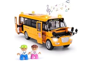 Crelloci School Bus Toy, Die Cast Model Car with Flashing Lights & Sounds, Friction Powered, Back & Side Doors Open, Large Yellow Metal Toy Vehicles, Play Bus Easter Gift for Kids Toddlers Ages 3+