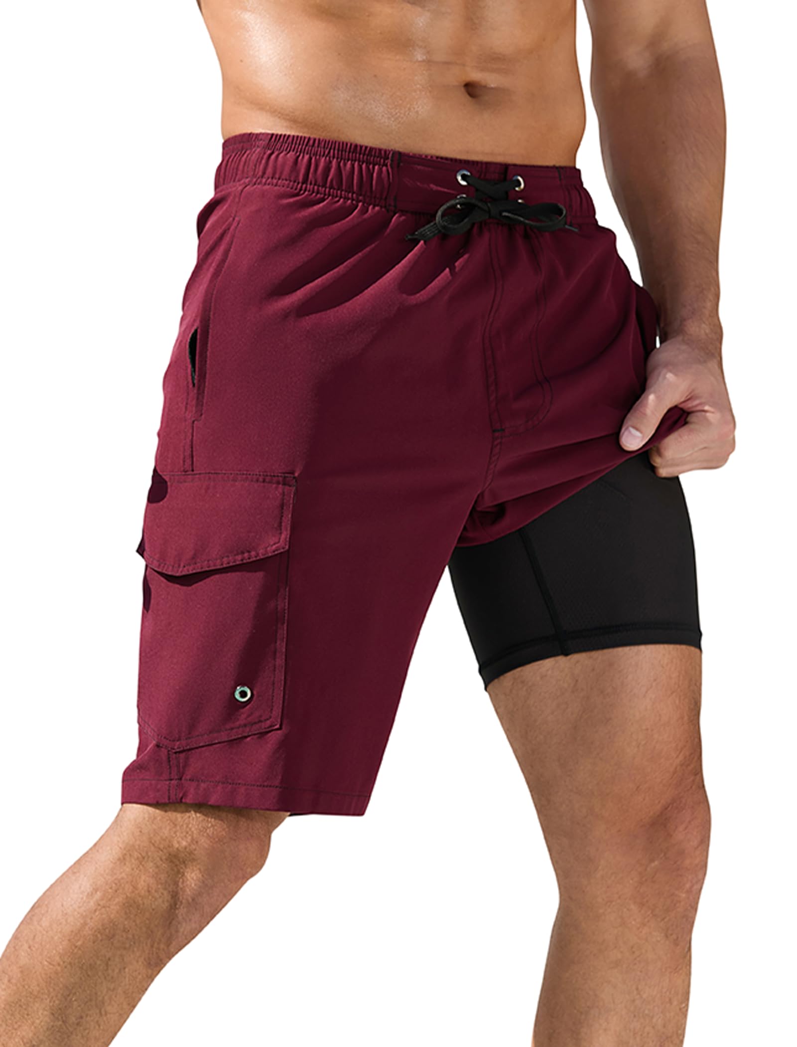 SILKWORLD Mens Swim Trunks with Compression Liner Quick Dry Bathing Suits 10 Inch Swim Shorts with Cargo Pockets, (Dark Red), 30 Image