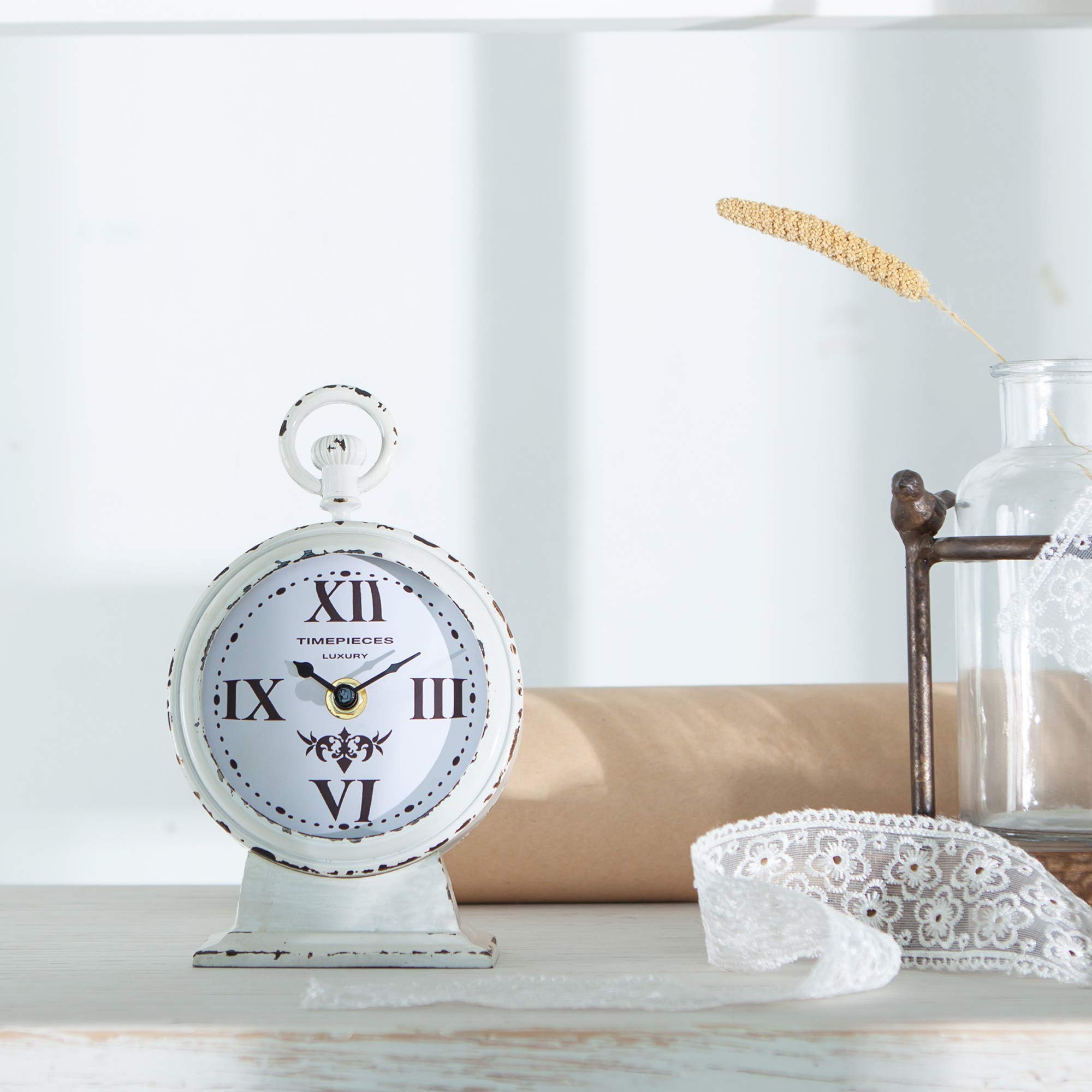 NIKKY HOME Vintage Mantel Clock, White Rustic Metal Analog Clock, Battery Operated, Distressed Style, 4.7 x 2.4 x 7.6 Inch