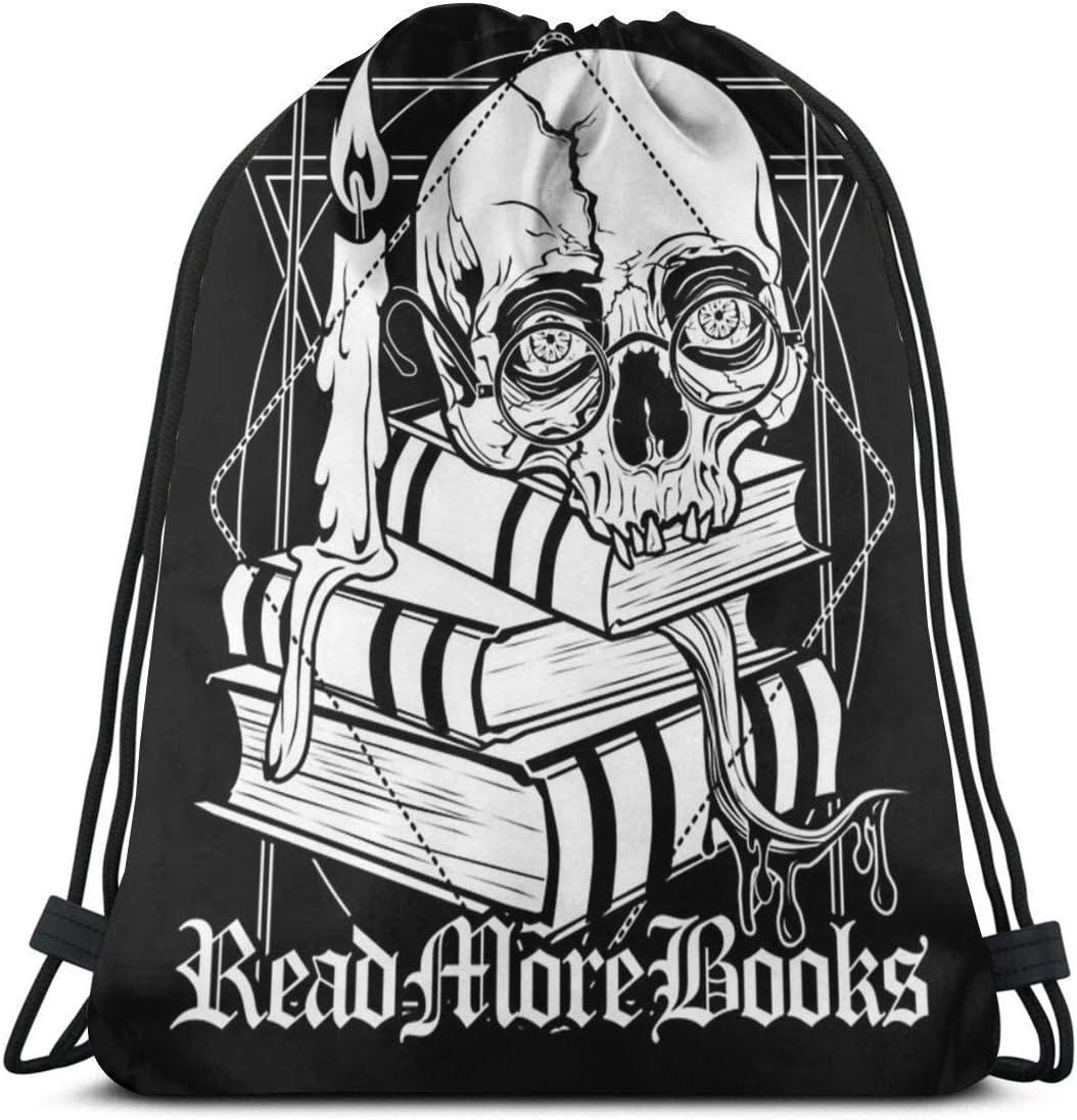 Drawstring Backpack String Bag Read More Books Wearing Glasses Skull Tote Bag Sling Bag Sports Bag Suitable For School Gym Trip Yoga Shopping