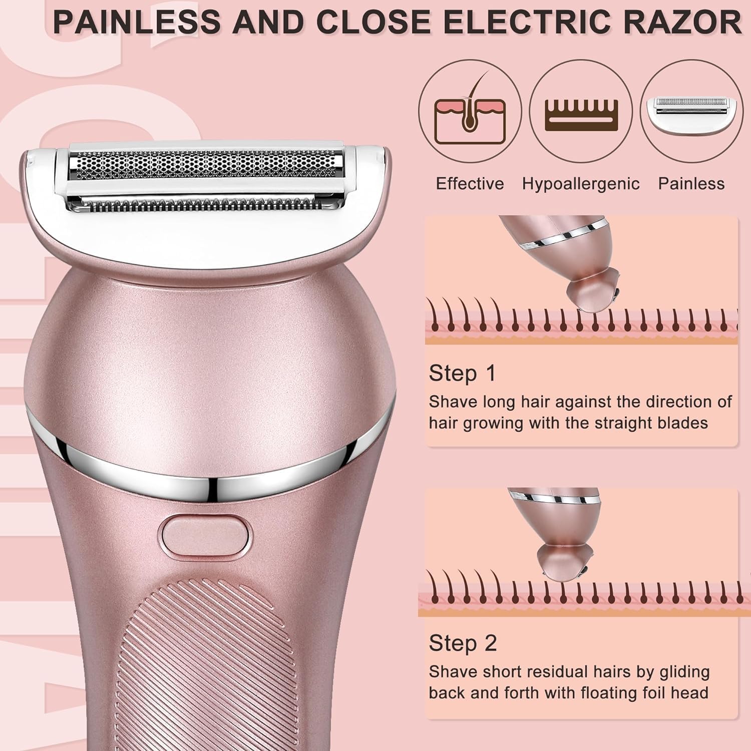 Hatteker Electric Shaver for Women Lady Epilator Electric Razors Kit Hair Remover for Face Chin Arm Leg Armpit Bikini Trimmer Painless Waterproof USB Rechargeable Dry Wet with Detachable Head 3 in 1
