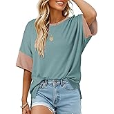 Dokotoo Womens Tops Oversized Trendy Shirts 2026 Summer Color Block Crewneck Business Casual Womens Blouses S-2XL