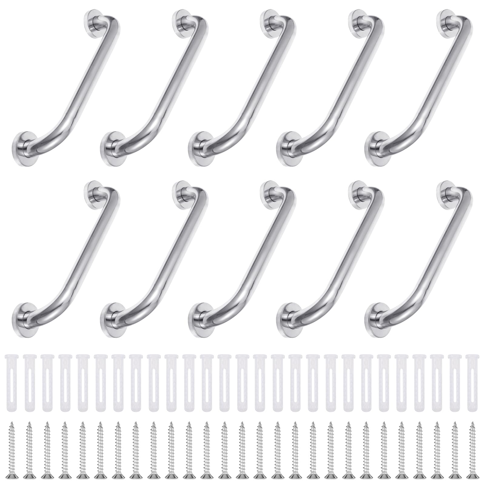 Photo 1 of 10 Pack Shower Grab Bars for Bathtubs and Showers – Stainless Steel Safety Handrails for Elderly, Seniors, and Handicap – Anti-Slip Bathroom Assist Handle (12.79”, Silver)