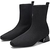 Buyrew Ankle Boots for Women Low Heel Booties Square Toe Sock Knit Chunky Winter Slip On Shoes
