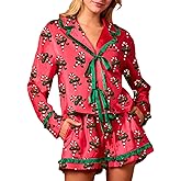 Sastianaen Women Cute Christmas Pajama Set Bow Tie Satin Long Sleeve Shirt and Ruffle Shorts 2 Piece Xmas Loungewear