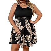 SOLY HUX Women's Tropical Print Contrast Lace Summer Dress Scoop Neck Sleeveless A Line Short Dresses