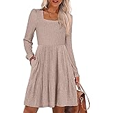 ANRABESS Women's Square Neck Long Sleeve Fall Dress Casual Ribbed Knit Soft 2026 Trendy Short Sweater Dresses with Pockets