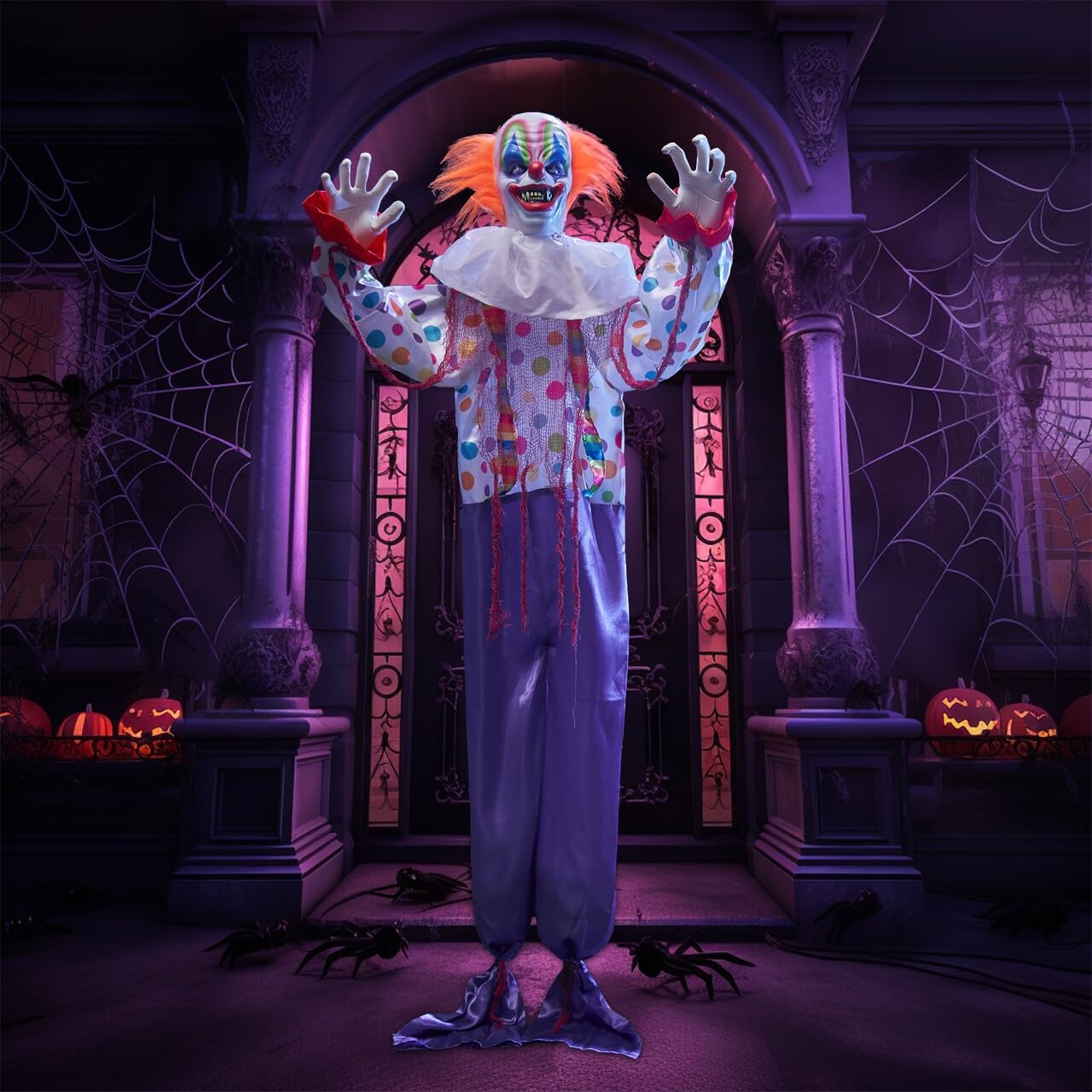 Photo 1 of JOYIN 65" Halloween Hanging Clown Decoration Outdoor, Neon Face LED Talking with Light-up Eyes and Creepy Sound Haunted House Decor, for Lawn, Yard, Patio