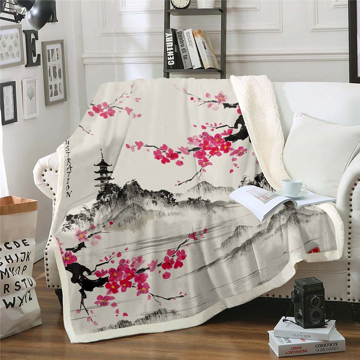 Loussiesd Cherry Blossoms Fleece Throw Blanket Japanese Fuji Mountain Sherpa Blanket for Kids Boys Girls Japanese Style Plush Blanket Watercolor Vintage Fuzzy Blanket for Sofa Bed,Baby 30x40 Inch