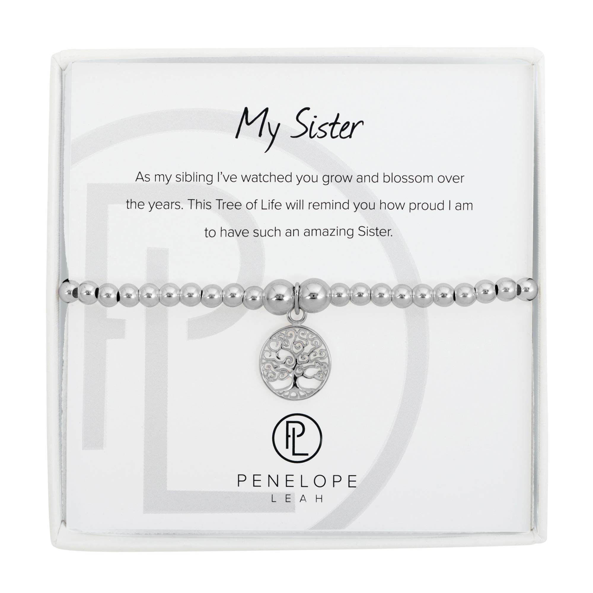Penelope Leah Sterling Silver My Sister Stretch Bead Tree of Life Charm Bracelet