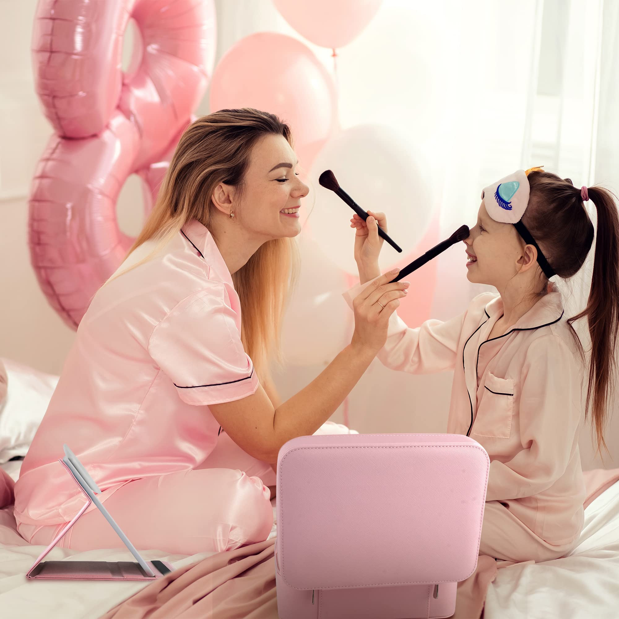 WangSelect Travel Makeup Bag with Light Up Mirror Makeup Organizer Box Travel Train Case Portable Campct Mirror Cosmetic Bag for Women (Pink)