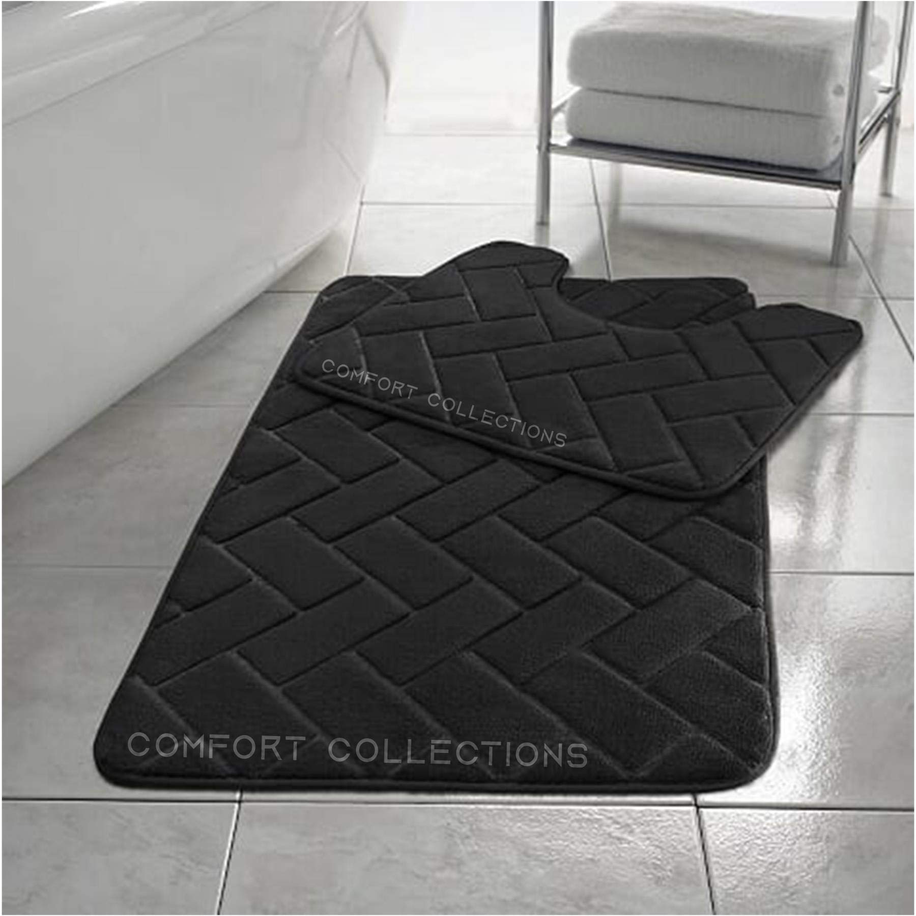 Comfort Collections Memory Foam Bath Mat Set Pedestal Toilet Mat Bathroom Rug 2 Piece Soft Absorbent Non Slip Block Black Bath Mat (50CM X 80 CM) & Pedestal Mat (50CM X 40 CM) Approximate