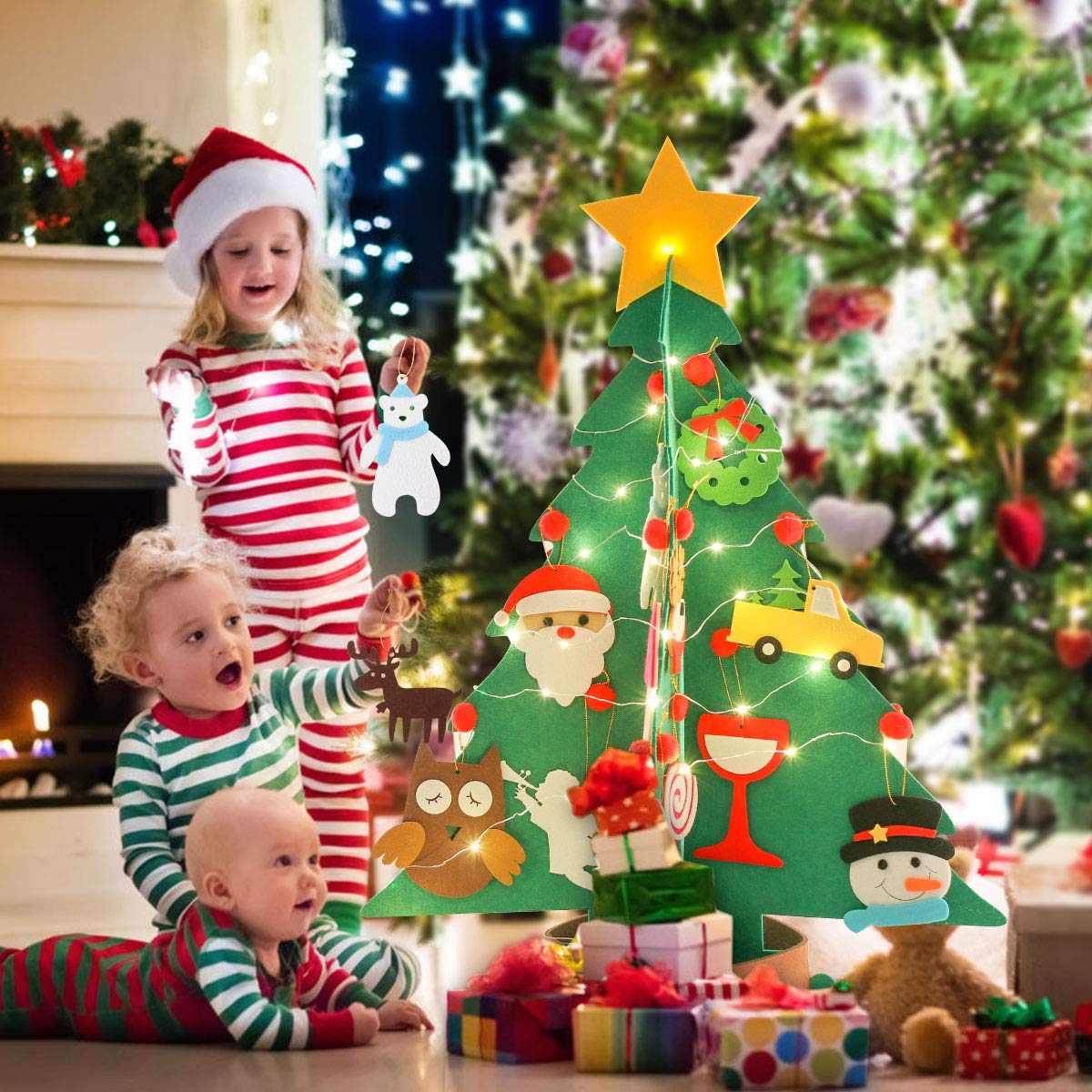 Joyibay Albero di Natale in feltro Set Albero di Natale decorativo fai-da-te con ornamenti e stringa di luce Accessori per decorazioni natalizie