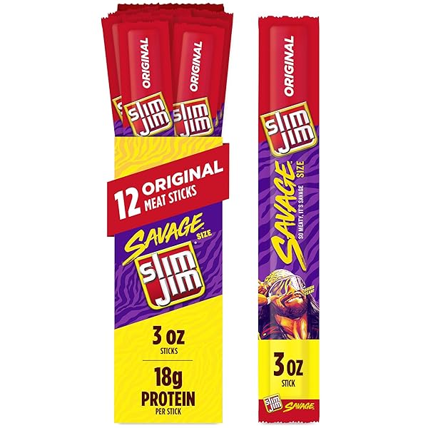 SLIM JIM SAVAGE ORIGINAL FLAVOR SMOKED SNACK STICKS, KETO FRIENDLY SNACK, MEAT SNACKS, 3 OZ. 12 COUNT