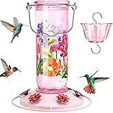 Kingsyard Hummingbird Feeder for Outdoor Hanging - Charming Patterned Glass Humming Bird Feeder with 6 Feeding Ports and Ant Moat, Ideal Gift Choice for Bird Lovers, Pink